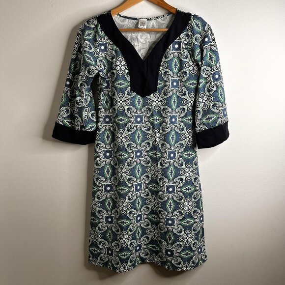 B Skinz Dress Womens Small Blue Green Geometric 3/4 Sleeve Nylon Spandex USA - Picture 1 of 10